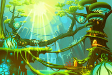 Watercolor Style Video Game Digital CG Artwork Concept Art Illustration: The Fantasy Wild Forest With Sunlight. Realistic Fantastic Cartoon Style Character, Background, Wallpaper, Story, Card Design
