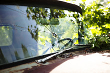 Close-up View Of Broken Window In Old Truck