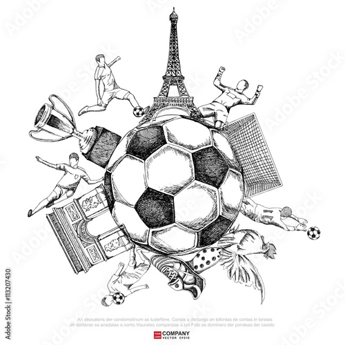 Fototapeta na wymiar Czarno-biały rysunek piłki z elementami Paryża