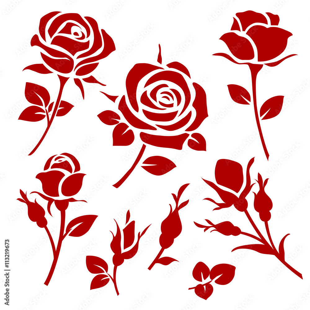 Rose icon. Set of decorative roses silhouettes - obrazy, fototapety, plakaty 