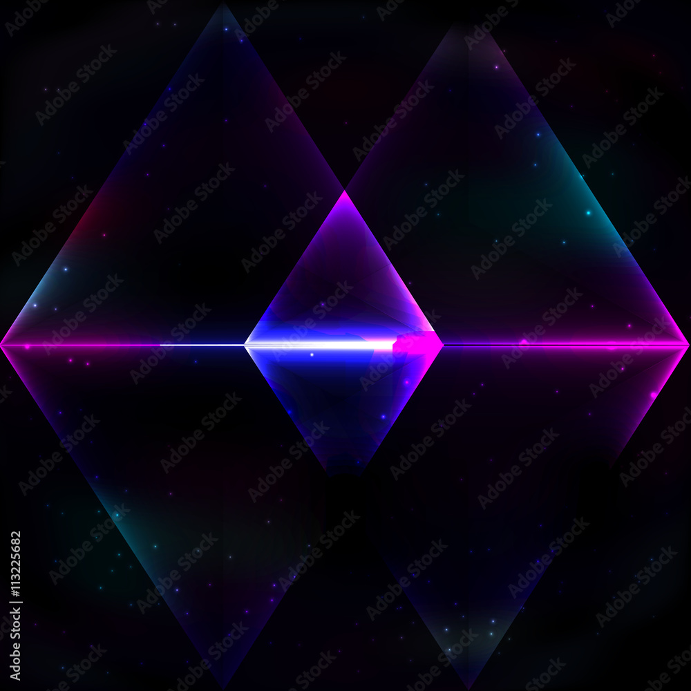 Four neon glowing triangle soap in retro style on background of the cosmos form two rectangles. - obrazy, fototapety, plakaty 