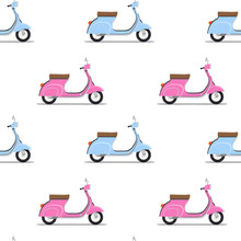 Seamless Pattern Of The Classic Pink And Blue Moped.