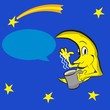 © dojdis - the moon on the night sky background, waving his hand, wished good night, drinking the aromatic black coffee, vector illustration. Cartoon
