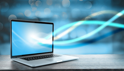 Modern laptop streaming data. New technology concept