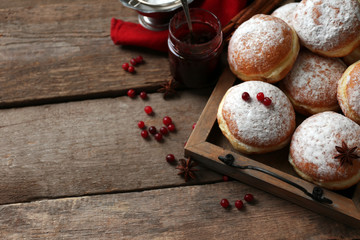 Canvas Print - Fresh homemade donuts with powdered sugar, close up