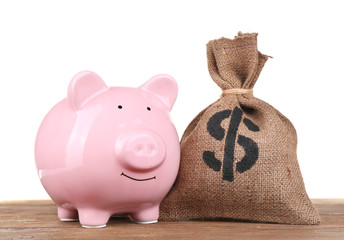 Sticker - Sack with money and pig moneybox on white background