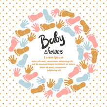 Baby Shower Invitation Card Design. Vector Template With Cute Doodle Hand And Foot Prints. 