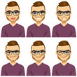 Attractive brown haired young hipster man with glasses on six different face expressions collection