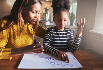 Black mom and child doing homework