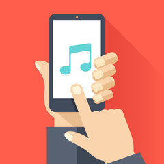 Wall Mural - music app on smartphone screen. hand hold smartphone, finger touch screen. music streaming service. 