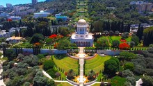 Bahai Temple And Gardens - Aerial Footage Towards The Golden Dome 