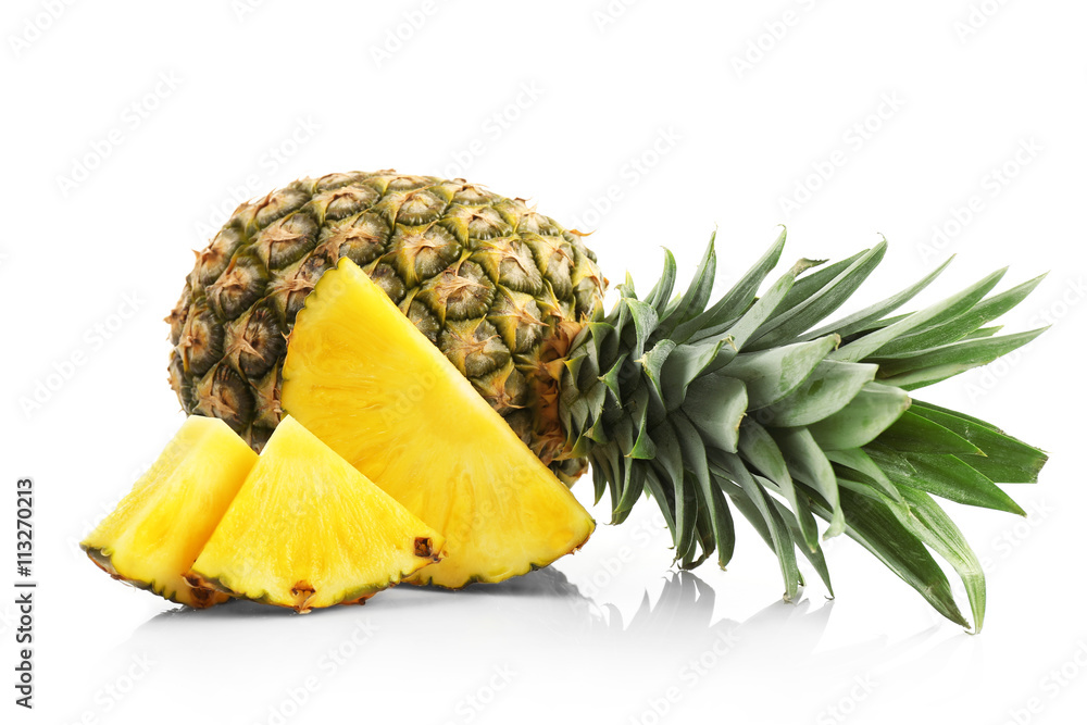 Sliced pineapple, isolated on white - obrazy, fototapety, plakaty 