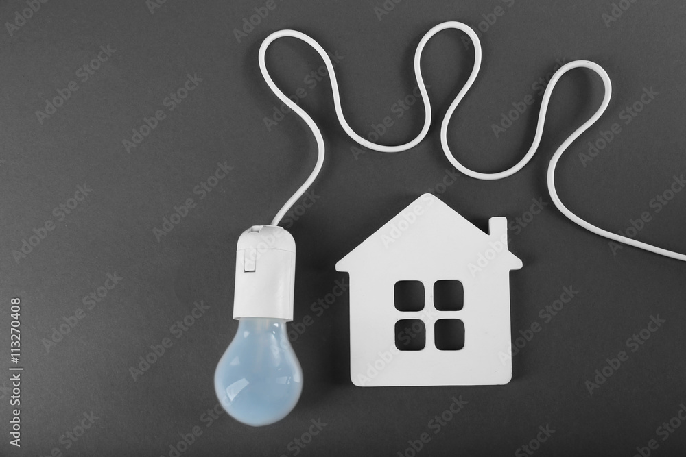 Electric bulb and house on grey background