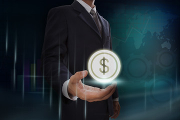 Businessman showing dollar symbol on screen. business concept