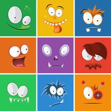 Cartoon Funny Faces With Emotions. Monsters Expression Vector Set. Expression Icon Monster And Emotion Funny Face Of Character Monster Illustration