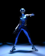Sparkling Cyber Girl In Blue Sci-fi Outfit On Black Background 3d Render