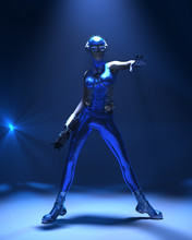 Sparkling Cyber Girl In Sci-fi Outfit Surrounded With Blue Light On Dark Background 3d Render