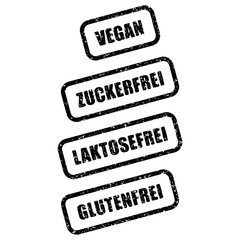 Wall Mural - Stempel-Set: VEGAN, ZUCKERFREI, LAKTOSEFREI, GLUTENFREI – Vektor, grunge, schwarz-weiß, freigestellt