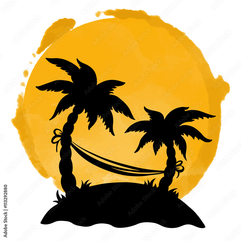 Watercolor, palm trees island, hammock, sun Stock Vector | Adobe Stock, image size:1000x1000