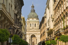 The Neo-renaissance Dome Of St. Stephen's Basilica, Shops And Buildings Of The Zrinyi Utca, Central Budapest, Hungary