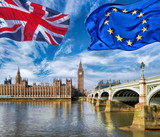 Fototapeta Big Ben - European Union and British Union flag flying against Big Ben in London, England, UK, Stay or leave, Brexit