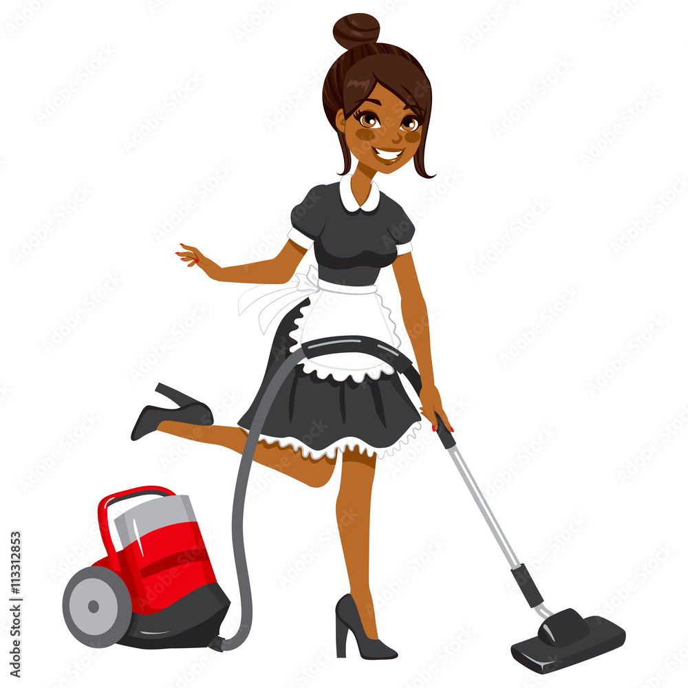 Beautiful African American woman in vintage maid dress cleaning using red  vacuum cleaner Stock Vector | Adobe Stock