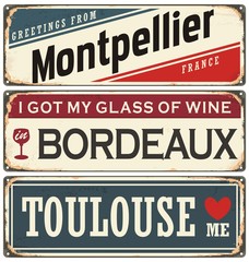 Poster - Retro tin sign collection with French cities