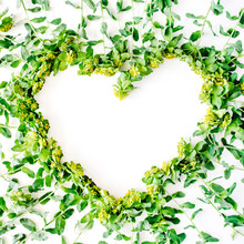 Yellow And Green Floral Wreath Frame Heart With Branches, Leaves, Petals Isolated On White Background. Flat Lay, Overhead View