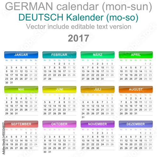 2017 Calendar German Language Version Monday to Sunday Buy this stock