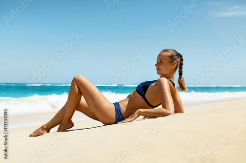 Woman On Beach In Summer Sexy Happy Female Model Sun Tanning On Sand