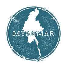 Grunge Rubber Stamp With Name And Map Of Myanmar, Vector Illustration. Can Be Used As Insignia, Logotype, Label, Sticker Or Badge Of The Country.