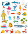 set of sea and ocean animals and fishes, palm trees and sand castle, ships, golden chest, lighthouse