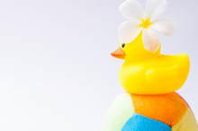 Yellow Duck Toy On Toy Soccer Ball With White Background