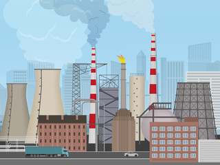 Wall Mural - Plant factory on the city background. Industrial factory landscape. Pollution concept.