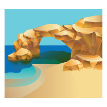 A Scene Of Nature.Rock Grotto Bordering The Sea Or Ocean Sand Beach. Bright Sunny Summer Day. Vector Illustration.