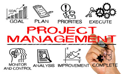 project management with business elements drawn on white backgro