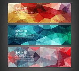 Wall Mural - Three banners with abstract multicolored polygonal mosaic background. Modern geometric triangular pattern. Business design template. Website header template. Vector