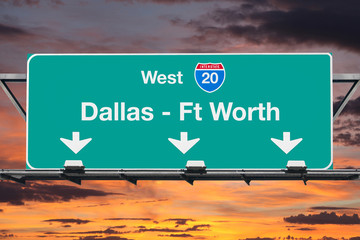 Wall Mural - Dallas Ft Worth Interstate 20 West Highway Sign with Sunrise Sky