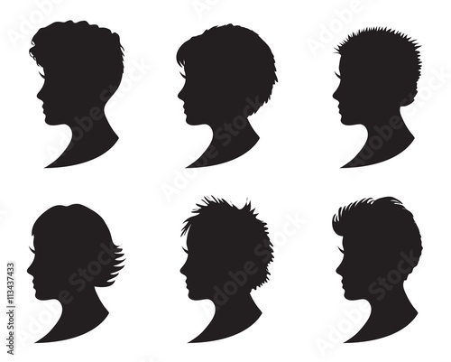 Set Of Black Silhouette Girl Head With Different Hairstyle Short