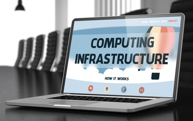 Wall Mural - closeup computing infrastructure concept on landing page of mobile computer display in modern confer