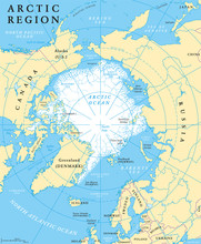 Arctic Region Map With Countries, Capitals, National Borders, Rivers And Lakes. Arctic Ocean With Average Minimum Extent Of Sea Ice. English Labeling And Scaling.
