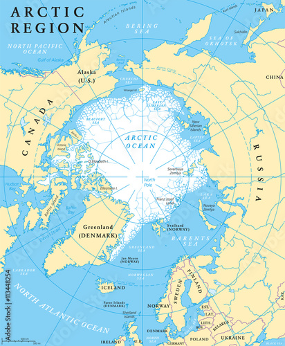 Fotomural Arctic region map with countries, capitals, national borders, rivers and lakes