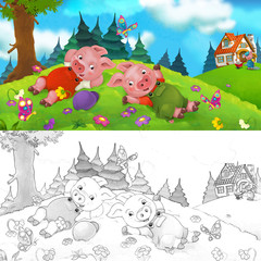 Canvas Print - Cartoon scene of pigs resting on the hill - one is working - with coloring page - illustration for children