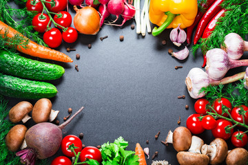 Beautiful background healthy organic eating. Studio photography the frame of different vegetables and mushrooms on vintage table with free space for you text