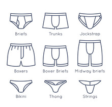 Male Underwear Types Flat Thin Line Vector Icons Set. Man Briefs Fashion Styles Linear Collection. Front View. Underclothes Infographic Elements. Classic Briefs, Boxers, Trunks, Bikini, Strings, Thong