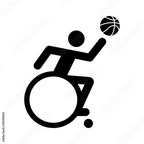 Wheelchair athlete playing basketball with layup flat icon for sports