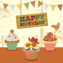 Illustration Vector Of Cupcakes With Cowboy Theme Concept Party.Design For Birthday Card.