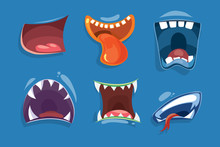 Cute Monster Mouths Vector Set. Monster Expression Funny, Tongue And Monster Mouths With Teeth Illustration