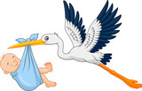 Fototapeta  - Cartoon stork carrying baby