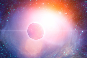 planets and sunrise on a starry background.